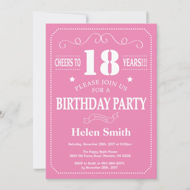 18th Birthday Invitation Pink and White (Front)