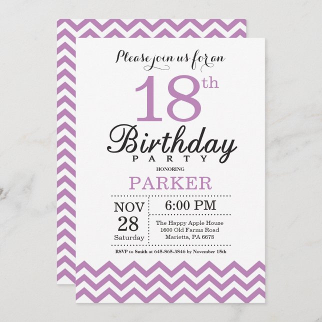 18th Birthday Invitation Purple Chevron (Front/Back)