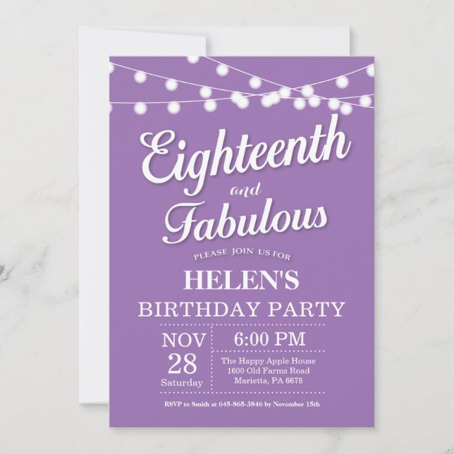 18th Birthday Invitation Purple Fabulous (Front)