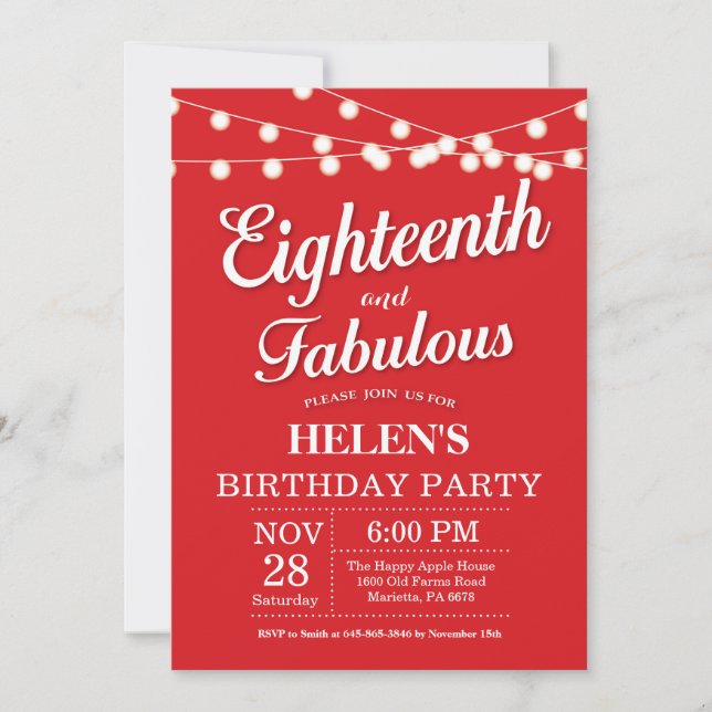 18th Birthday Invitation Red Fabulous (Front)