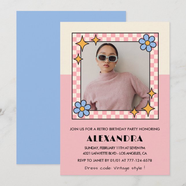 18th birthday invitation Retro Groovy Pink Flowers (Front/Back)