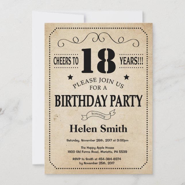 18th Birthday Invitation Rustic Vintage Retro (Front)