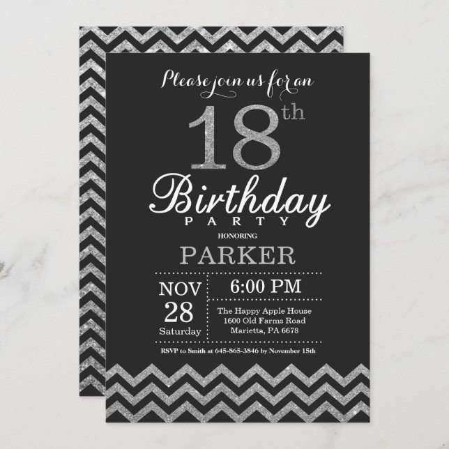 18th Birthday Invitation Silver Glitter (Front/Back)