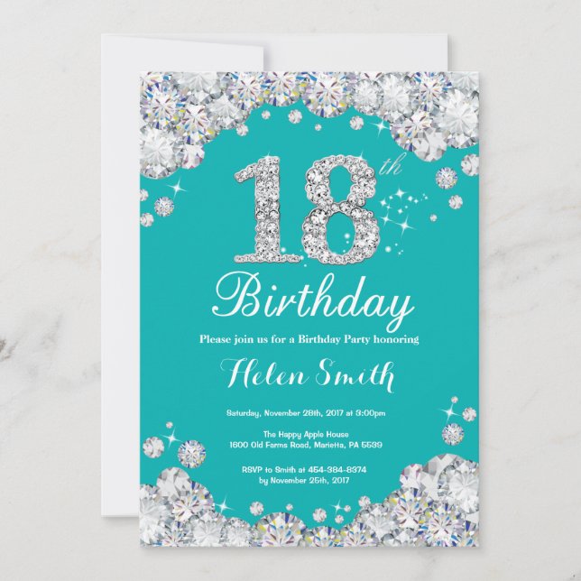 18th Birthday Invitation Teal and Silver Diamond (Front)