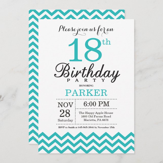 18th Birthday Invitation Teal Chevron (Front/Back)