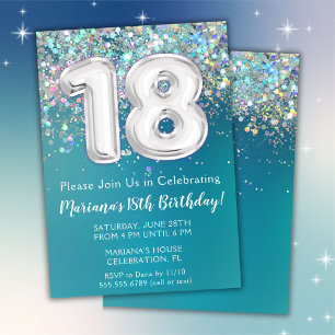 18th Birthday Invitation Teal Silver Glitter
