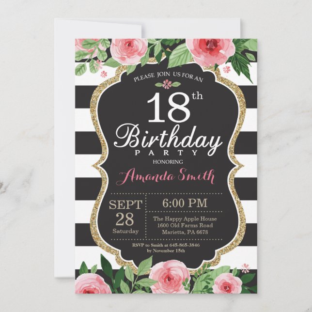 18th Birthday Invitation Women. Floral Gold Black (Front)