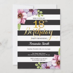 18th Birthday Invitation Women. Floral Gold Black