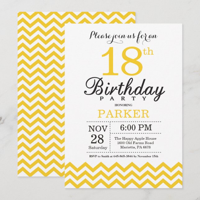 18th Birthday Invitation Yellow Chevron (Front/Back)