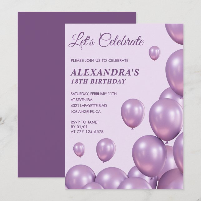 18th birthday invitations Balloons Chic Purple (Front/Back)