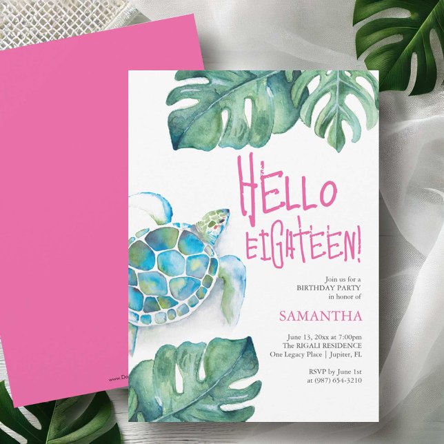 18th Birthday Invitations Watercolor Sea Turtle (18th birthday party invitations watercolor sea turtle & palm leaf Victoria Grigaliunas DoTellABelle)