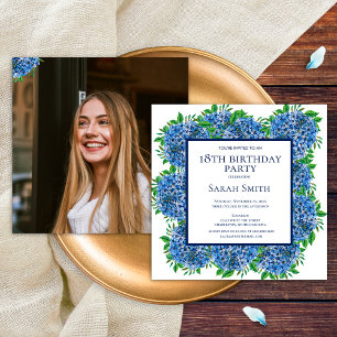 18th Birthday Light Blue Hydrangeas Photo Party Invitation