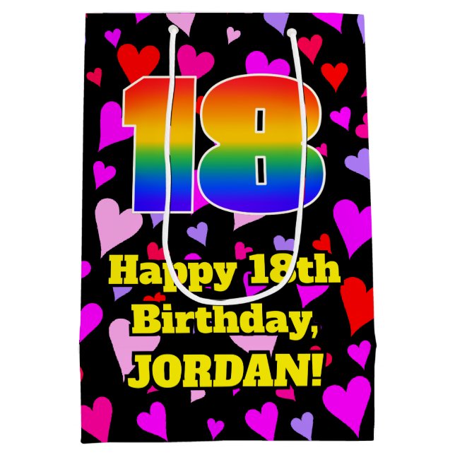 18th Birthday: Loving Hearts Pattern, Rainbow # 18 Medium Gift Bag (Back)