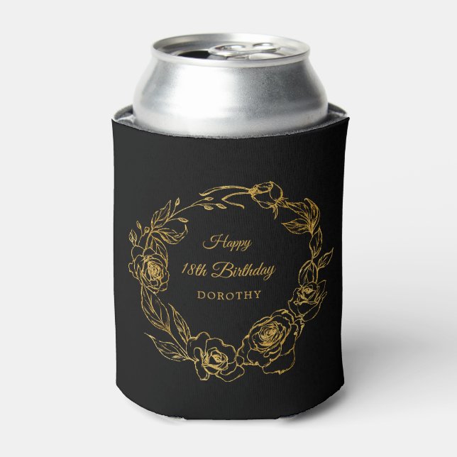 18th Birthday Luxe Gold Rose Personalised Black Can Cooler (Can Front)