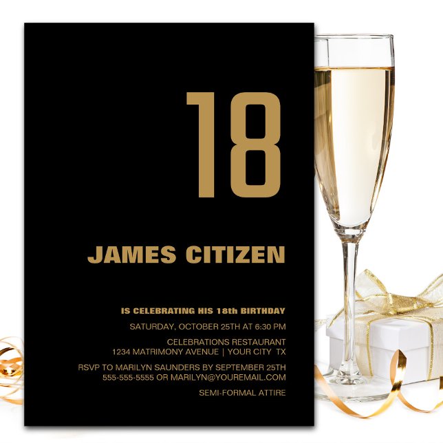 18th Birthday Modern Minimalist Black Gold Party Invitation (Creator Uploaded)