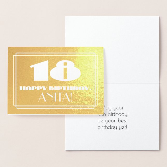 18th Birthday: Name + Art Deco Inspired Look "18" Foil Card (Display)