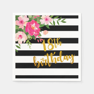 18th Birthday Napkin - Floral Black/White Stripes