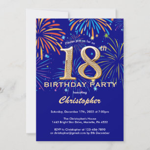 18th Birthday Navy Blue and Gold Rainbow Fireworks Invitation