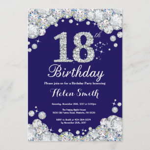18th Birthday Navy Blue and Silver Diamond Invitation