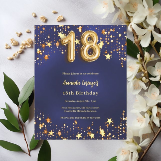 18th birthday navy blue gold stars invitation (Creator Uploaded)