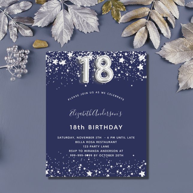 18th birthday navy blue silver invitation (Creator Uploaded)