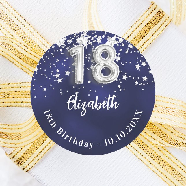 18th birthday navy blue silver stars classic round sticker (Creator Uploaded)