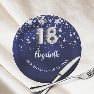 18th Birthday navy blue silver stars Paper Plate