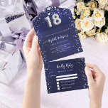 18th Birthday navy blue silver stars rsvp All In One Invitation<br><div class="desc">A navy blue background,  decorated with stars. The blue colour is uneven.  Personalise and add names,  party details,  RSVP date,  return address and name.  Number 18 is written with a balloon style font.</div>