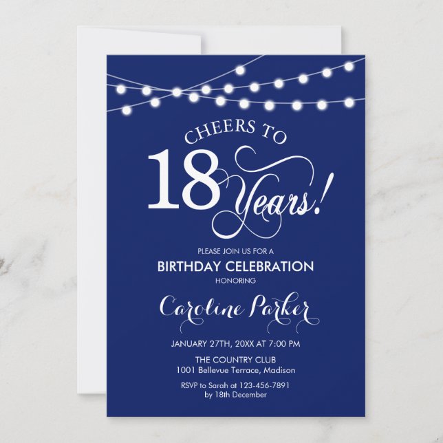 18th Birthday - Navy Blue White Invitation (Front)