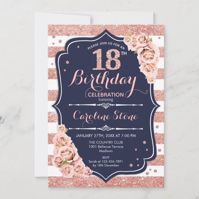 18th Birthday - Navy Rose Gold and White Stripes Invitation (Front)