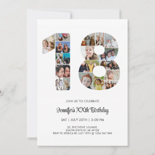 18th Birthday Number 18 Custom Photo Collage Invitation