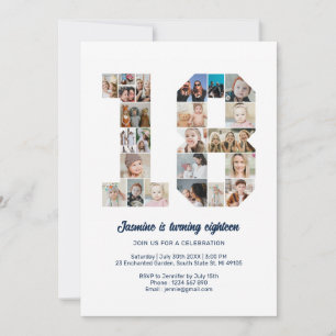 18th Birthday Number 18 Custom Photo Collage Invitation