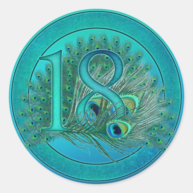 18th birthday or anniversary peacock numbers classic round sticker (Front)