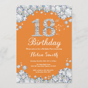 18th Birthday Orange and Silver Diamond Invitation