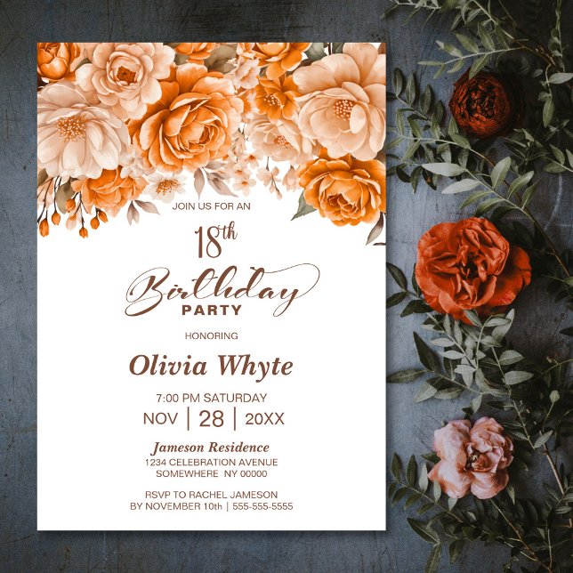 18th Birthday Orange Rose Floral Party Invitation (Creator Uploaded)
