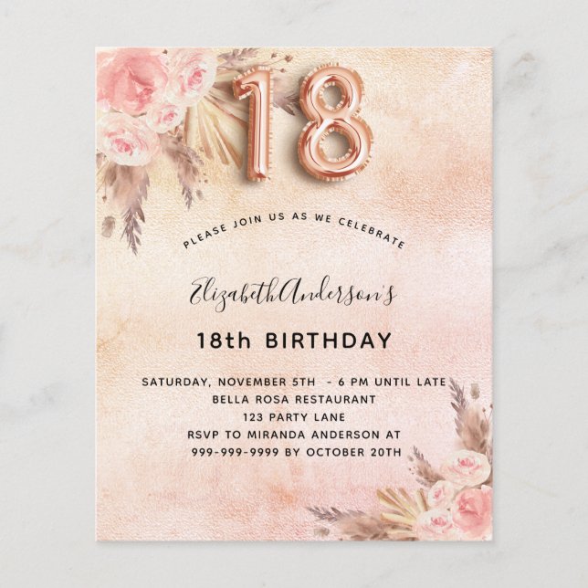 18th birthday pampas grass rose budget invitation flyer (Front)