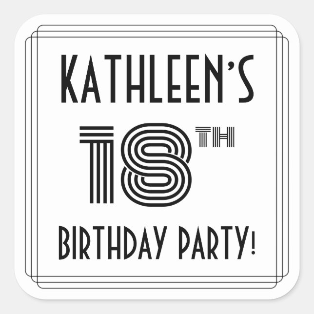 18th Birthday Party: Art Deco Style + Custom Name Square Sticker (Front)