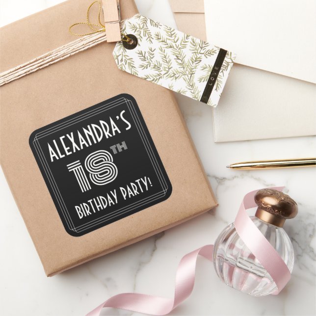 18th Birthday Party: Art Deco Style & Custom Name Square Sticker (Gifting)