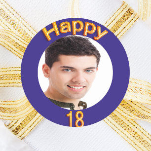 18th birthday party bkue gold photo boy guy classic round sticker