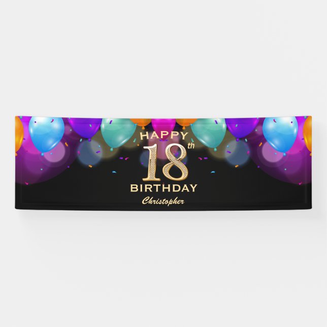 18th Birthday Party Black and Gold Balloons Banner (Horizontal)