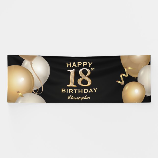 18th Birthday Party Black and Gold Balloons Banner (Horizontal)