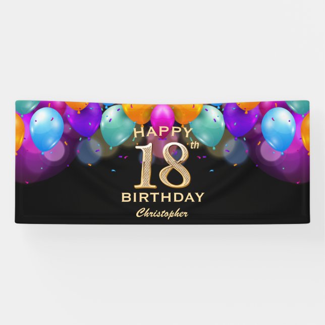 18th Birthday Party Black and Gold Balloons Banner (Horizontal)