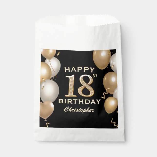 18th Birthday Party Black and Gold Balloons Favour Bag (Front)