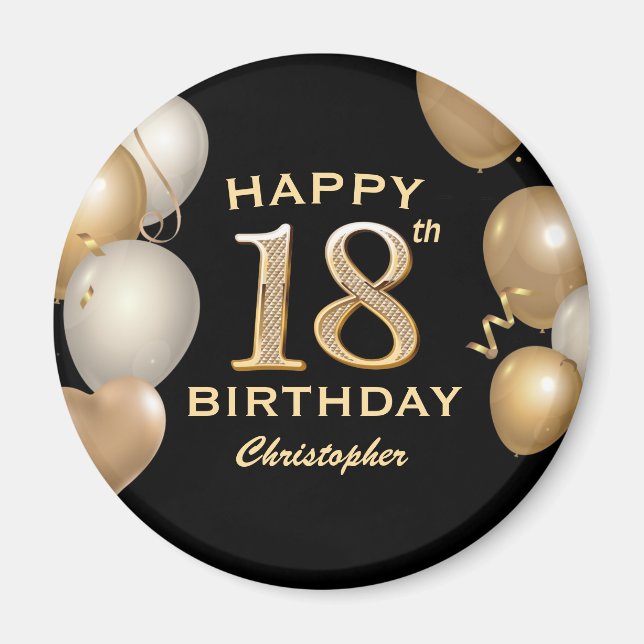 18th Birthday Party Black and Gold Balloons Magnet (Front)