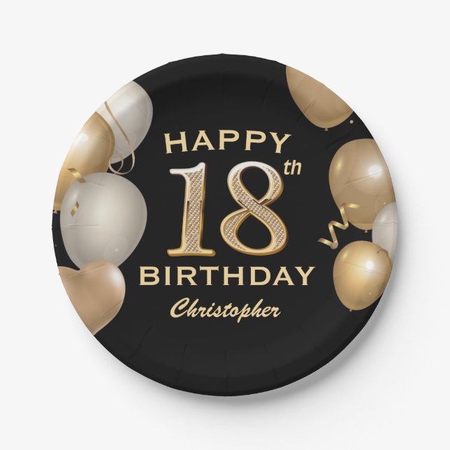 18th Birthday Party Black and Gold Balloons Paper Plate (Front)