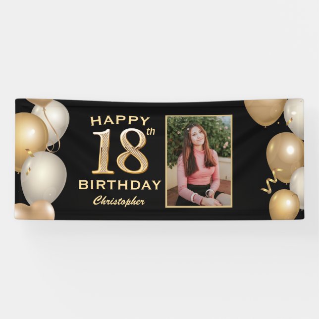 18th Birthday Party Black and Gold Balloons Photo Banner (Horizontal)