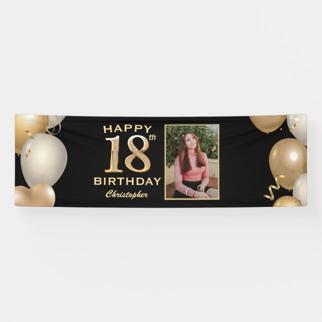 18th Birthday Party Black and Gold Balloons Photo Banner (Horizontal)
