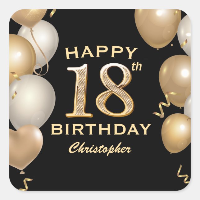 18th Birthday Party Black and Gold Balloons Square Sticker (Front)