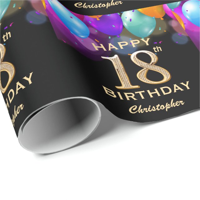 18th Birthday Party Black and Gold Balloons Wrapping Paper (Roll Corner)