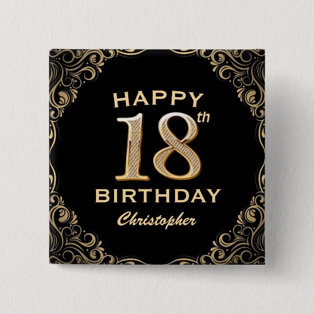 18th Birthday Party Black and Gold Glitter Frame 15 Cm Square Badge (Front)